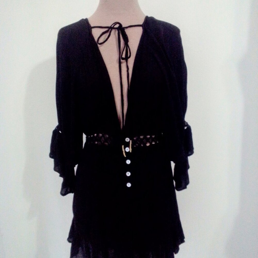 Free People Women's Mini Lace Dress 3/4 Sleeve Black Color Size S/P